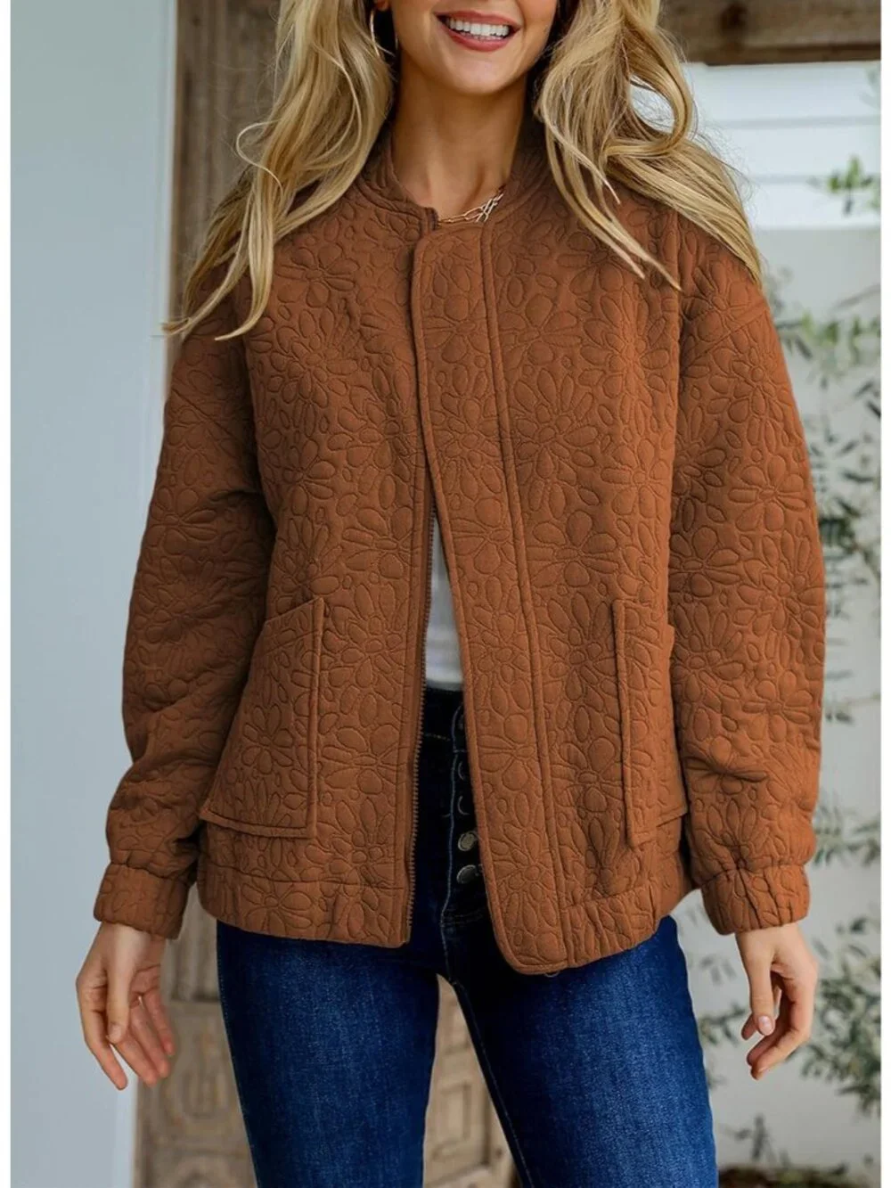 Women's Coffee Lightweight Stand Collar Long Sleeve Outerwear Bomber Jacket